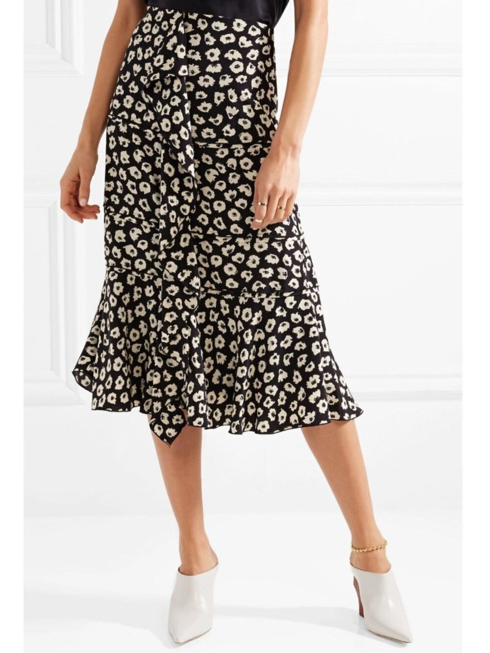 Proenza SchoulerSilk Floral Print Midi Skirt Black White Ruffle Detail size 0